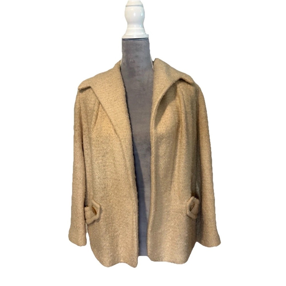 Vintage 60s Ivory Cream Wool Acrylic Textured  Swing Coat Shawl Collar SM Hallie